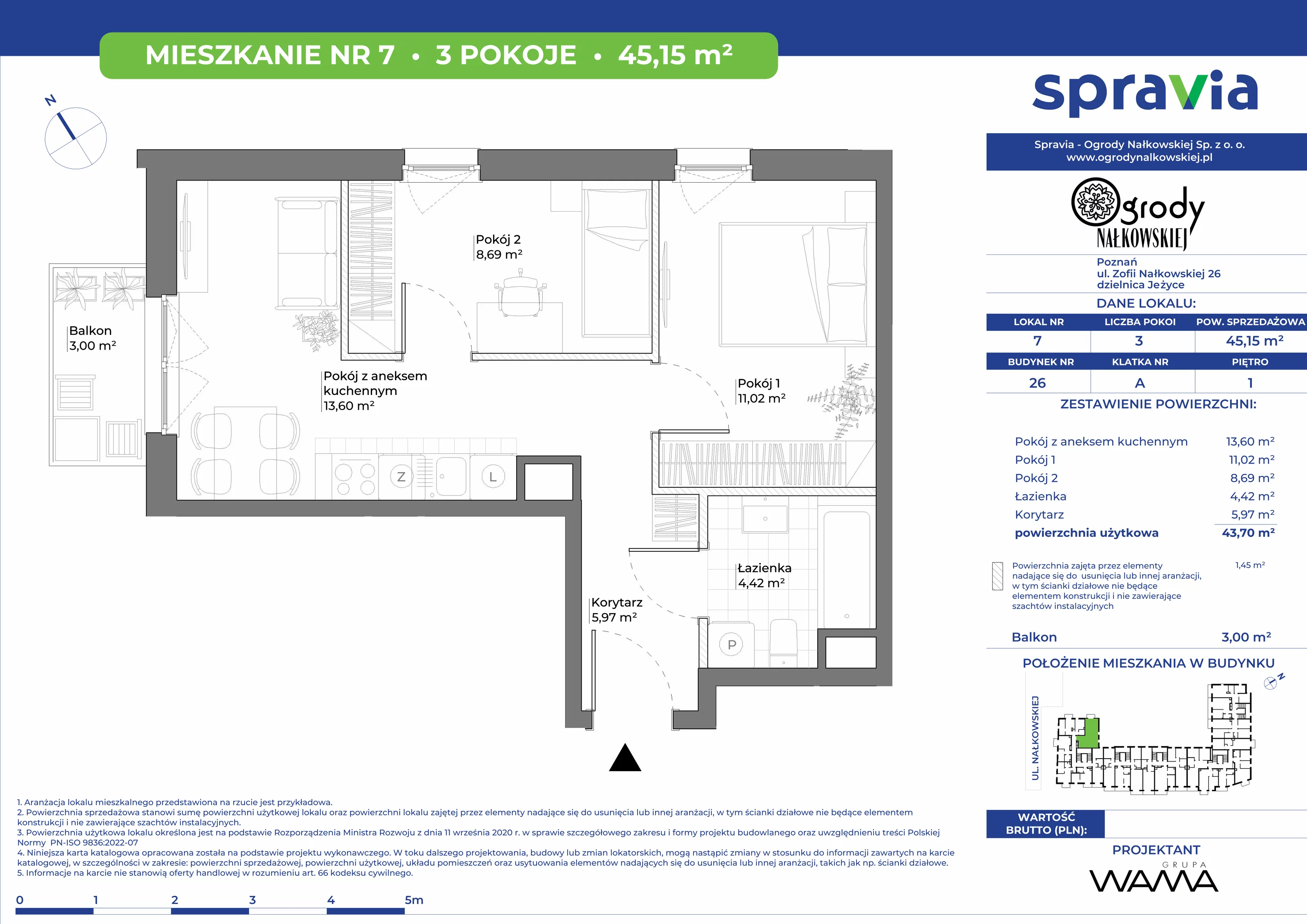 3 pokoje, mieszkanie 45,15 m², piętro 1, oferta nr 26-7, Ogrody Nałkowskiej, Poznań, Ogrody, ul. Nałkowskiej 24, 26